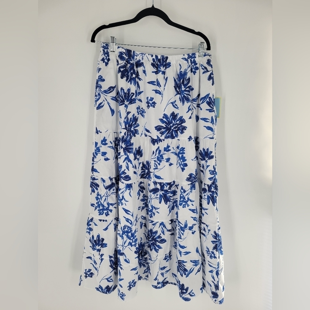 CeCe White Blue Floral Tiered Skirt Size L New